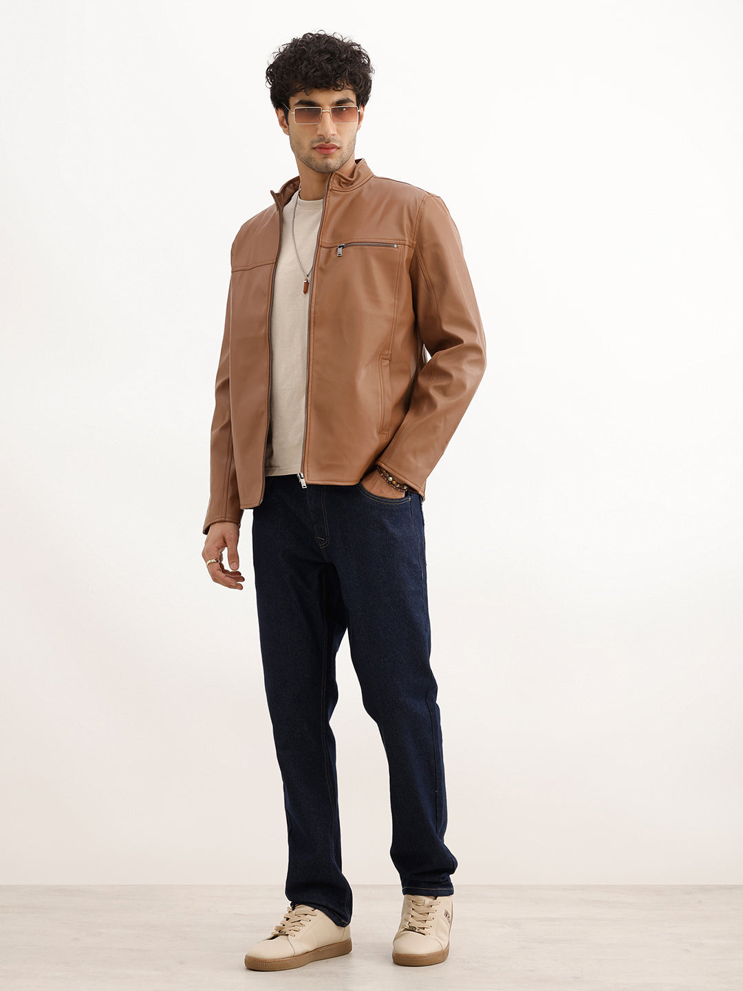 Solid Slim Fit Zipper Jacket | Brown