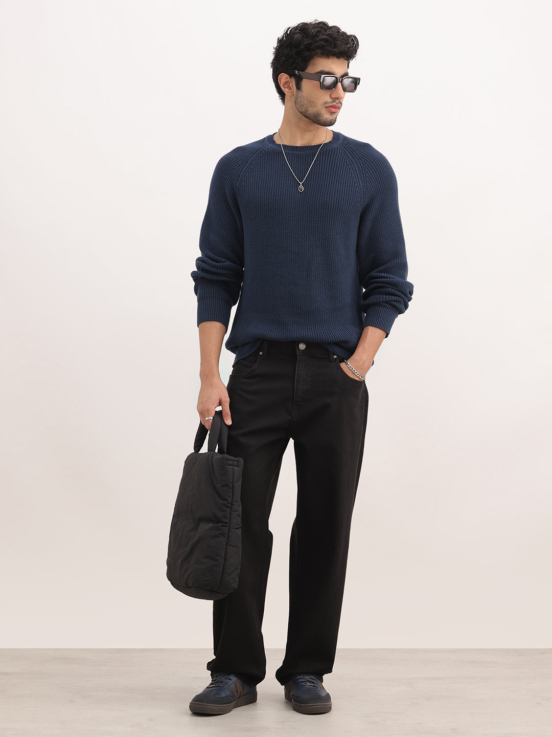 Solid Comfort Fit Knitted Sweater | Navy Blue
