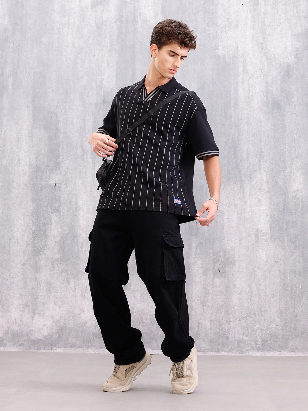 Club-Inspired Retro Johnny Collar Striped T-Shirt | Black