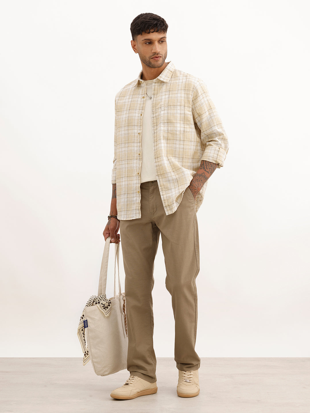 Regular Fit Full Sleeve Checkered Shirt | Beige