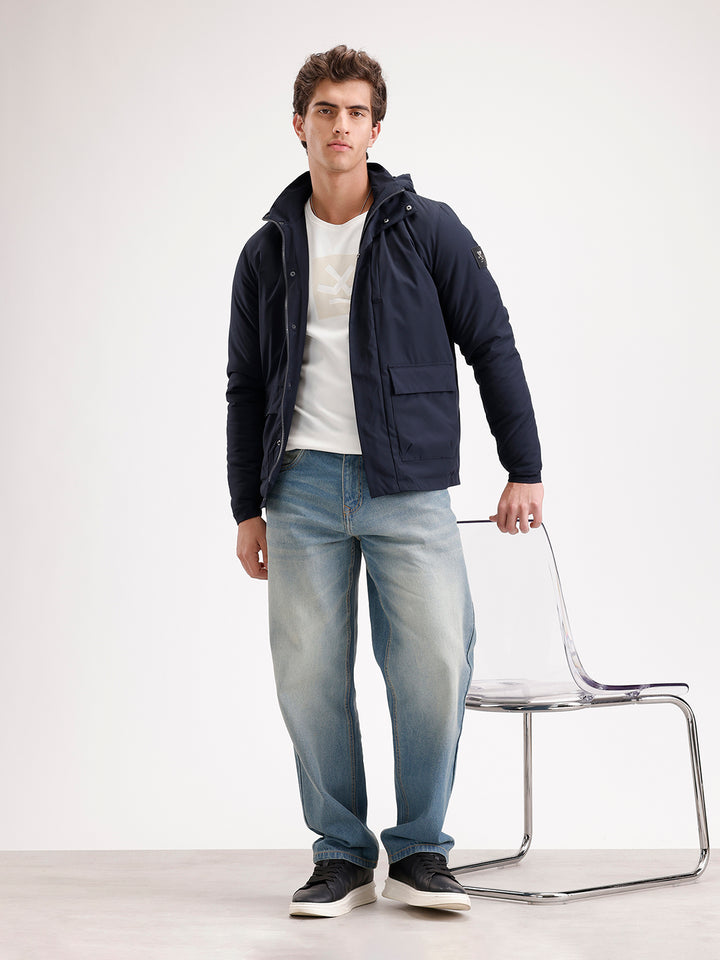 Slim Fit Double Pocket Hooded Jacket  | Navy Blue