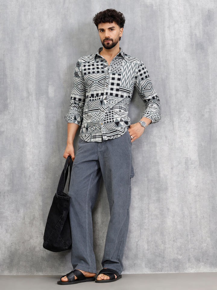 Corduroy Geometric Print Shirt In Slim Fit | Grey