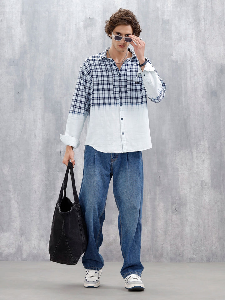 Men's Casual Oversized Fit Checkered Pattern Shirt | White