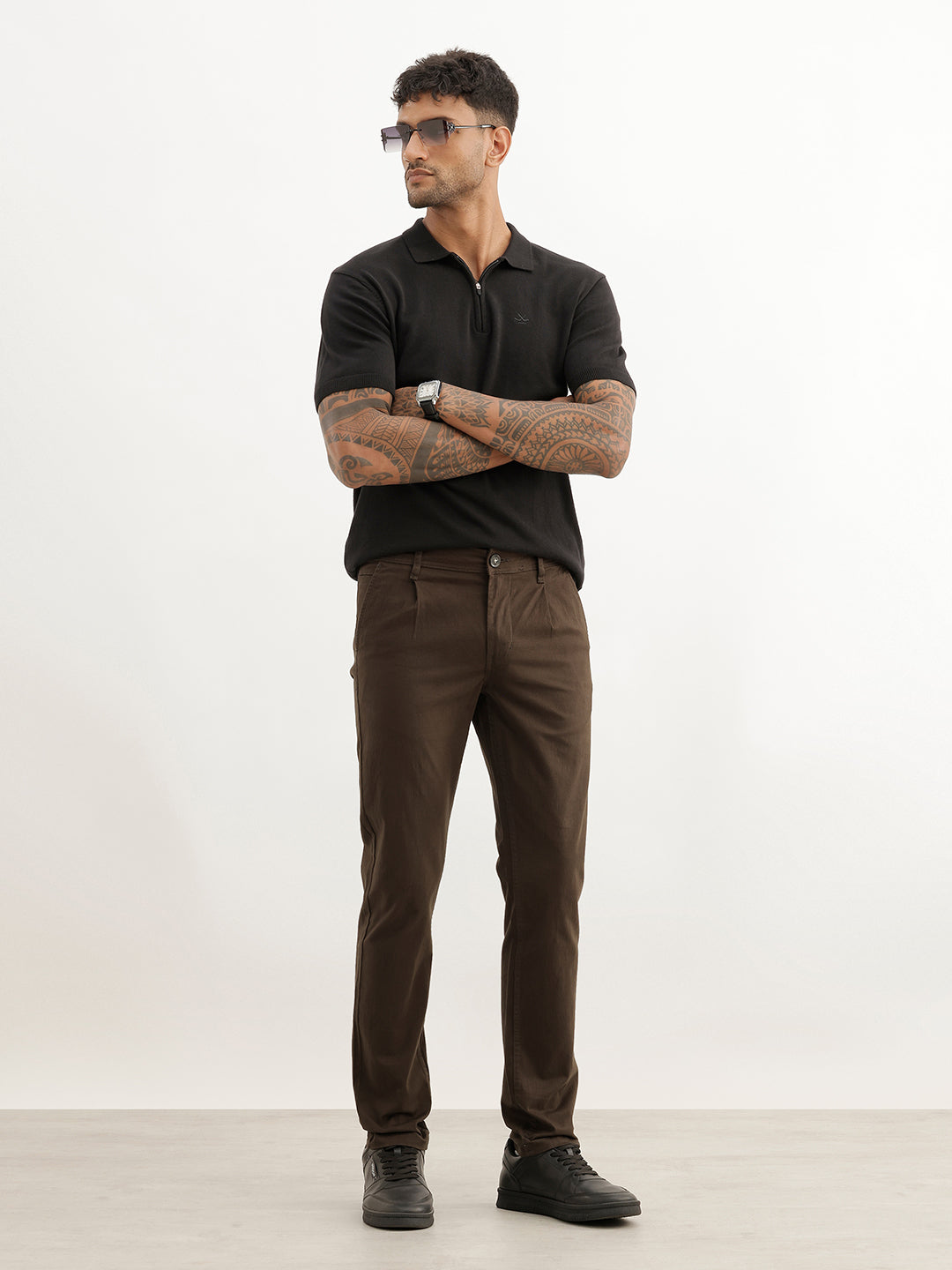 Solid Slim Fit Pleated Trouser | Olive