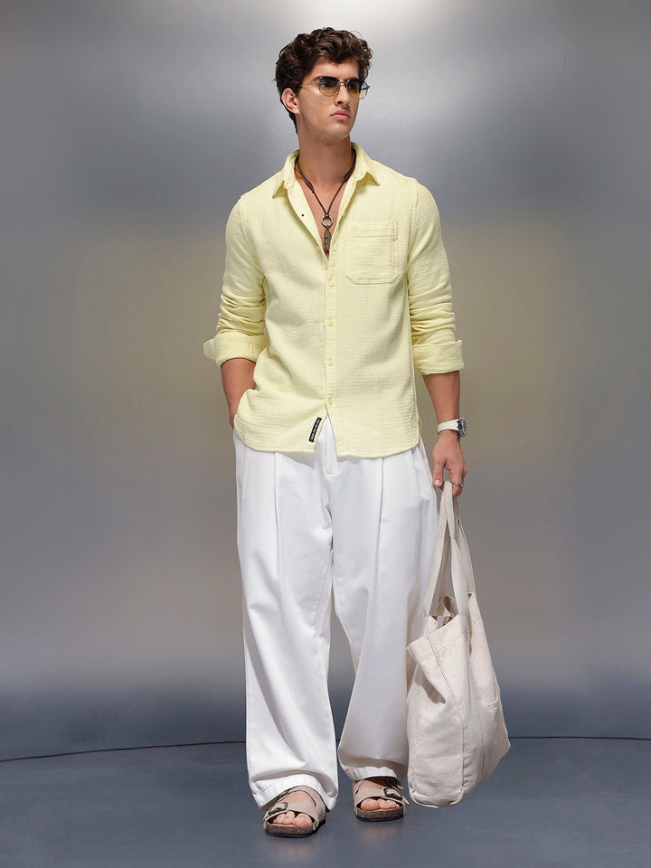 Solid Textured Full Sleeve Shirt   |  Yellow