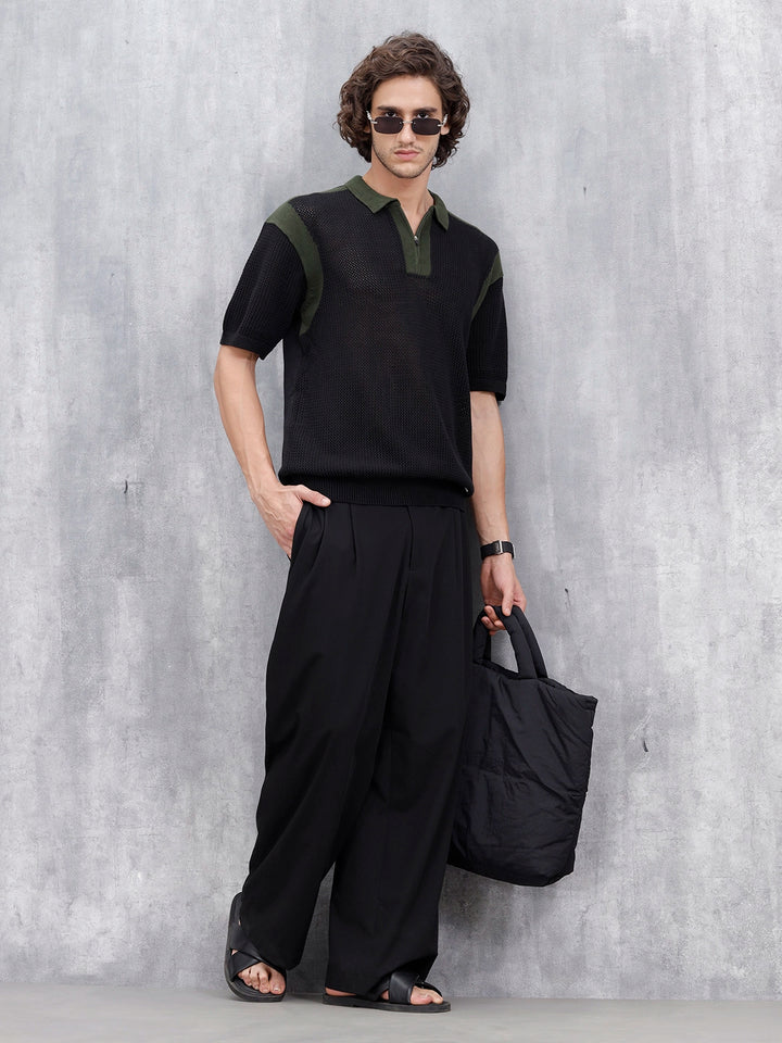 Casual Men Oversized Fit Flat Knit Polo T-shirt With Zipper | Black