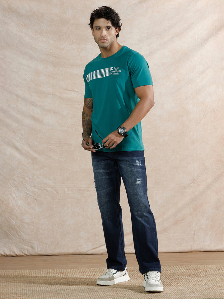 Striped Logo Printed T-Shirt | Teal