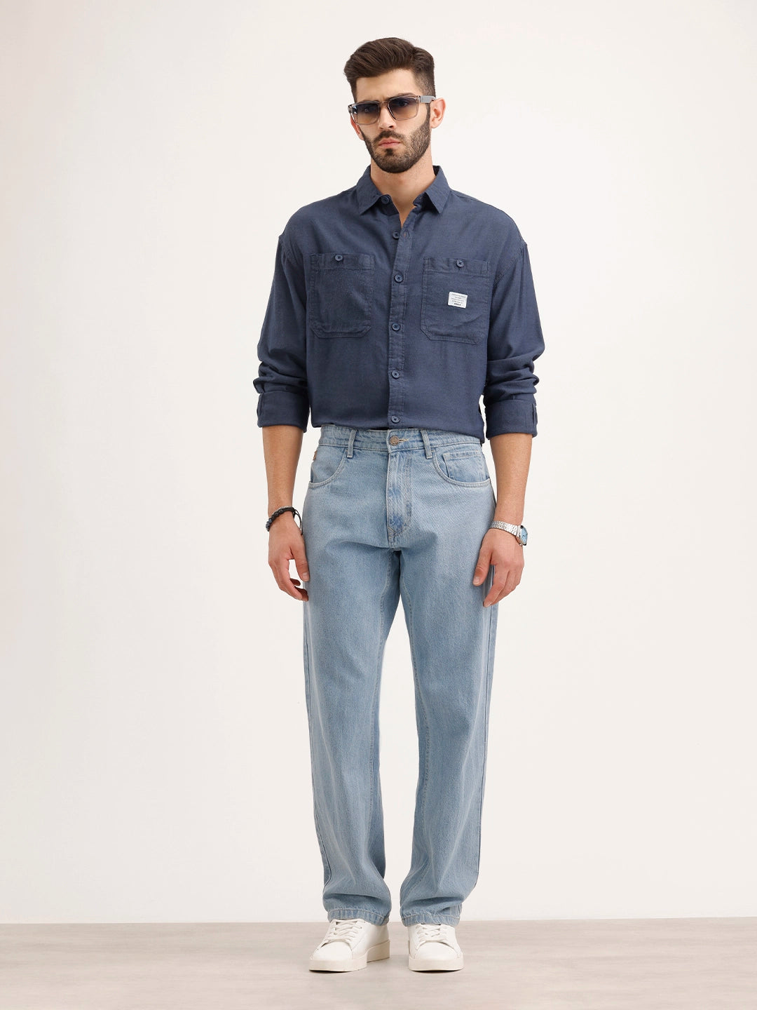 Oversized Solid Double Pocket Shirt | Blue