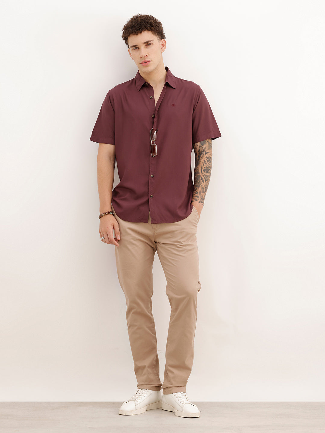 Slim Fit Viscose Bamboo Half Sleeve Shirt | Wine | WSH02HSSL0002S