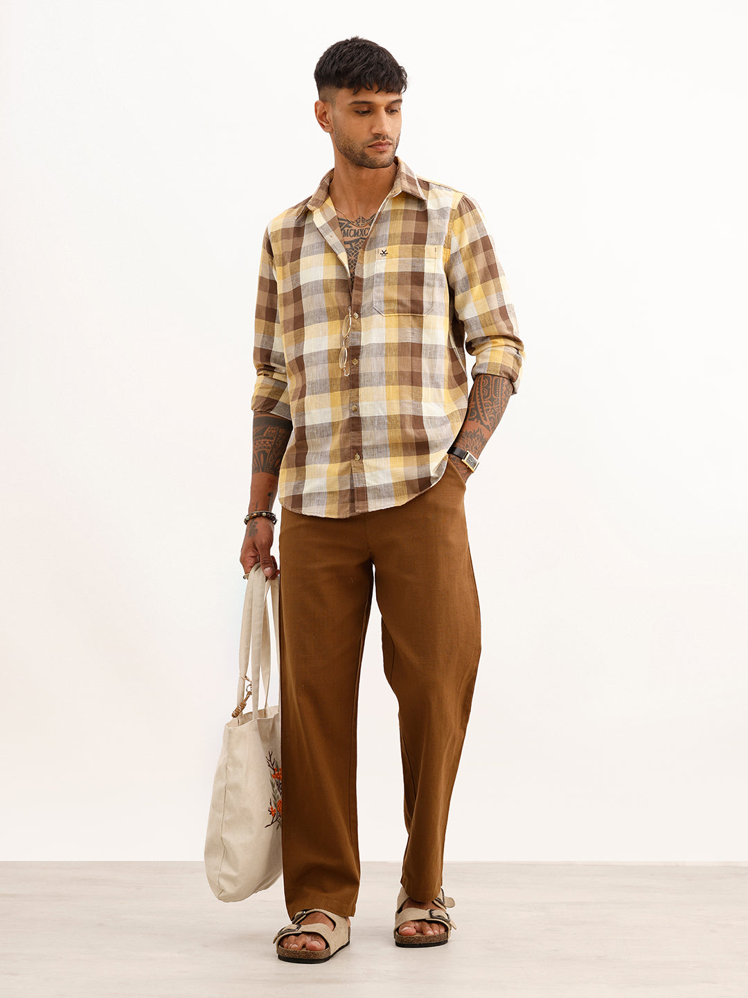 Slim Fit Checkered Full Sleeve Shirt | Yellow