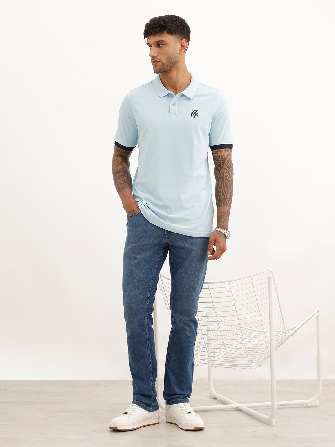 Slim Fit Contrast Sleeve Polo T-Shirt | Light Blue