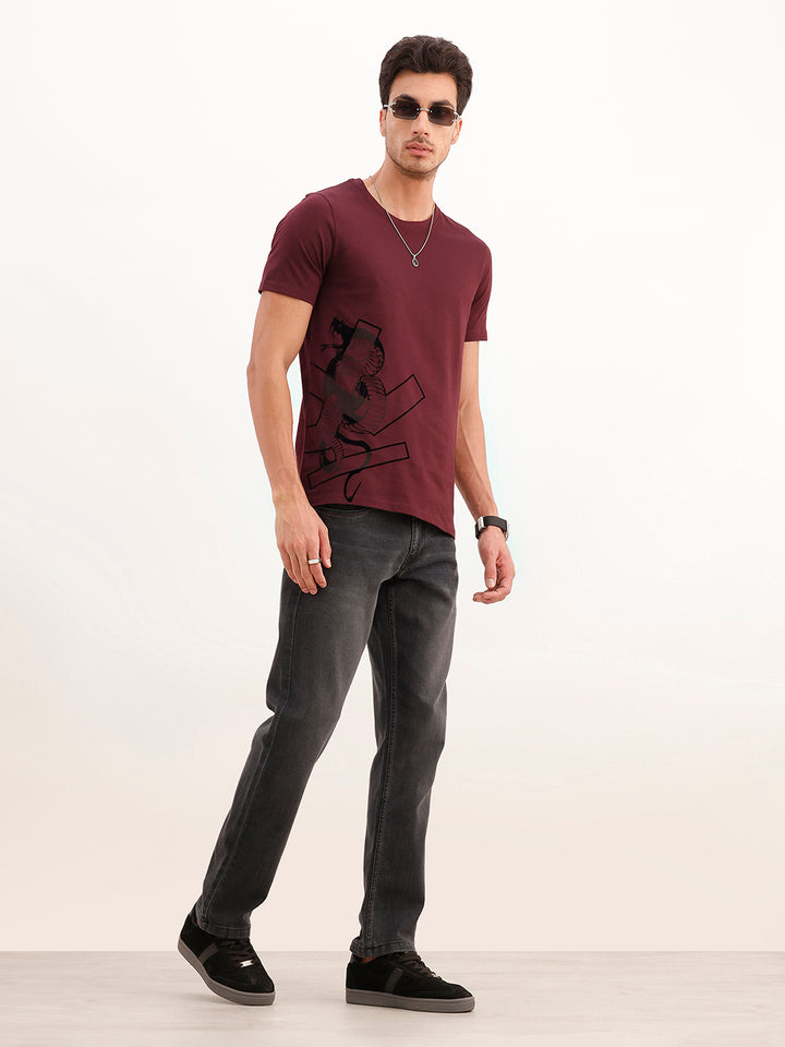 3D Flock Placement Printed T-Shirt | Wine