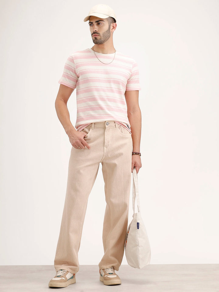 Slim Fit Textured Striped T-Shirt | Pink