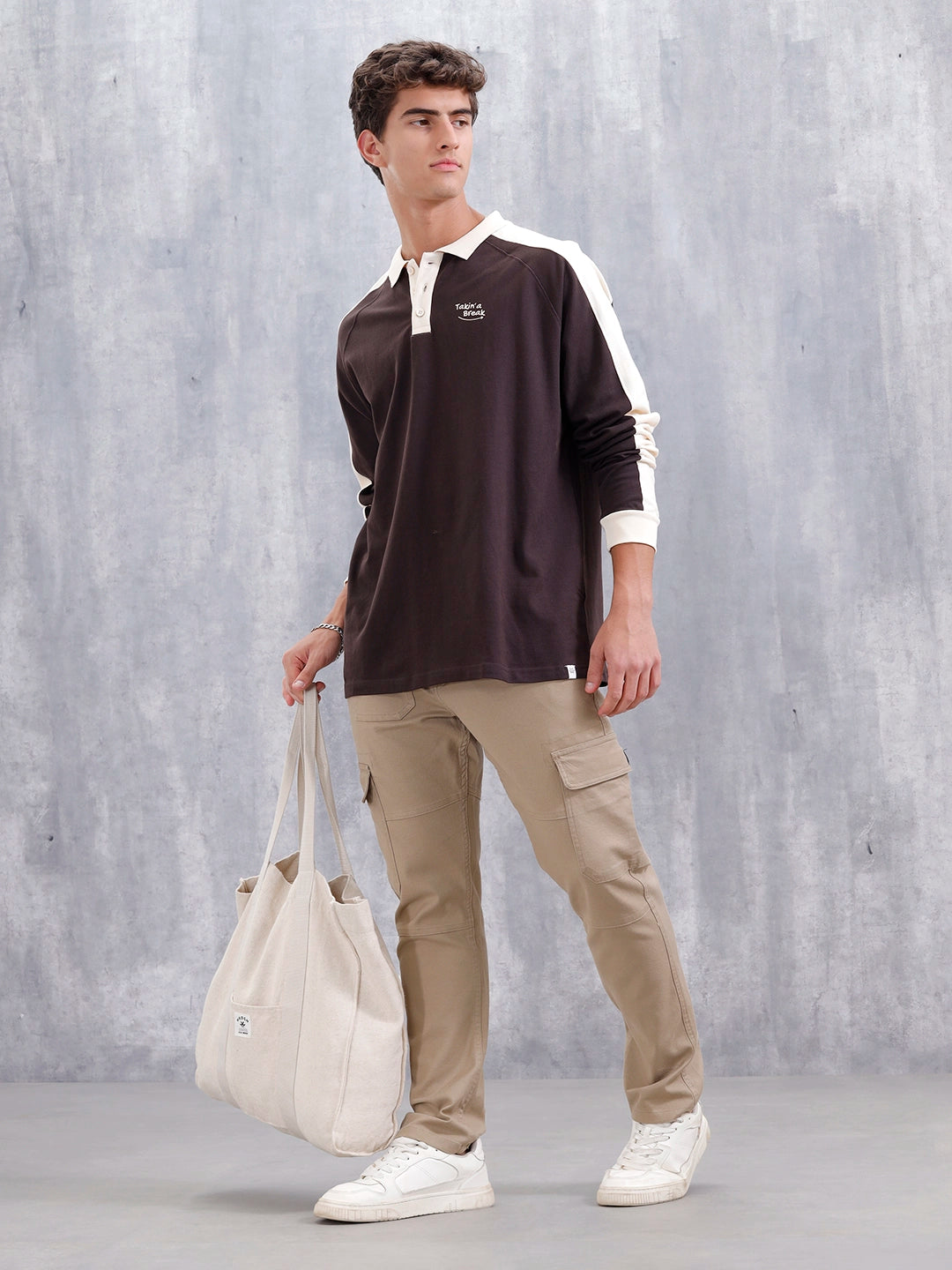 Oversized Fit Full Sleeve Sporty Polo T-Shirt | Dark Brown