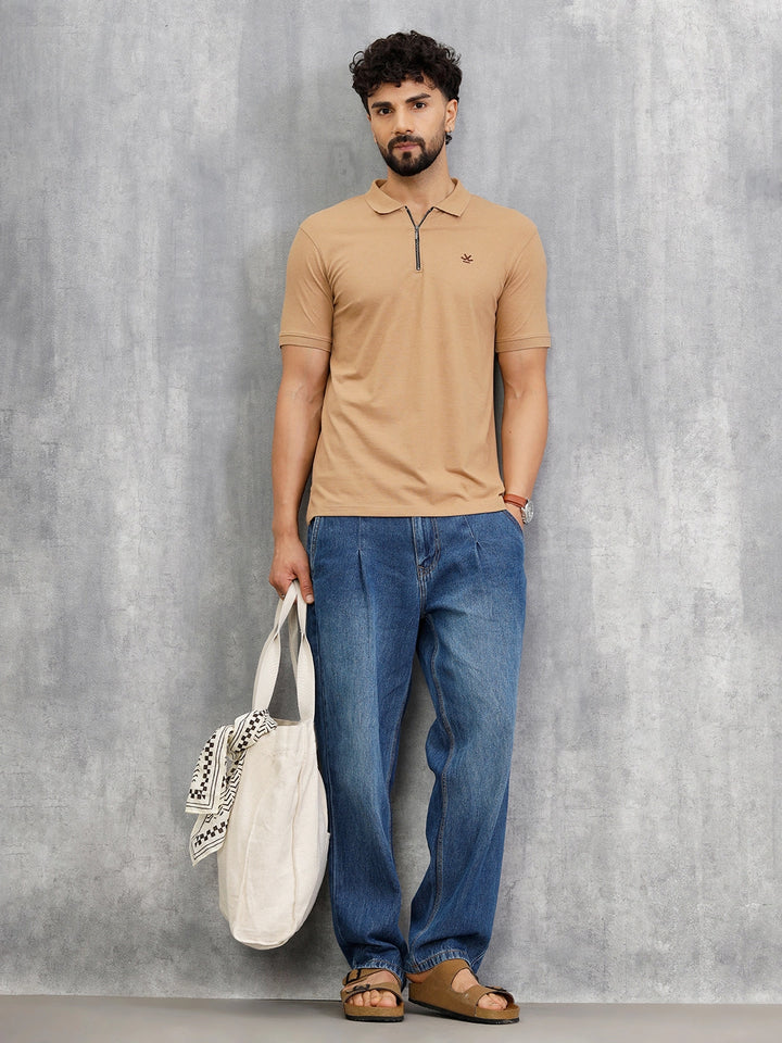 Zipper Polo T-Shirt | Beige