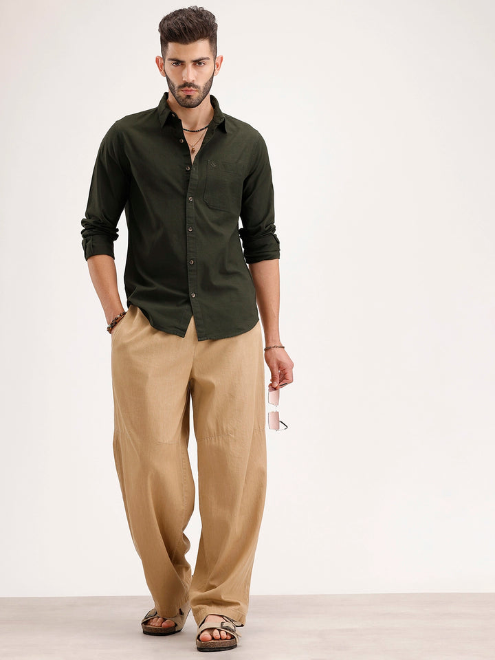 Solid Regular Fit Full Sleeves Shirt | Olive