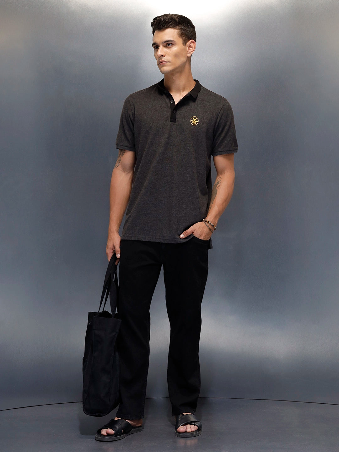 Regualr Fit Polo T-Shirt With Tonal Neck Detail | Grey