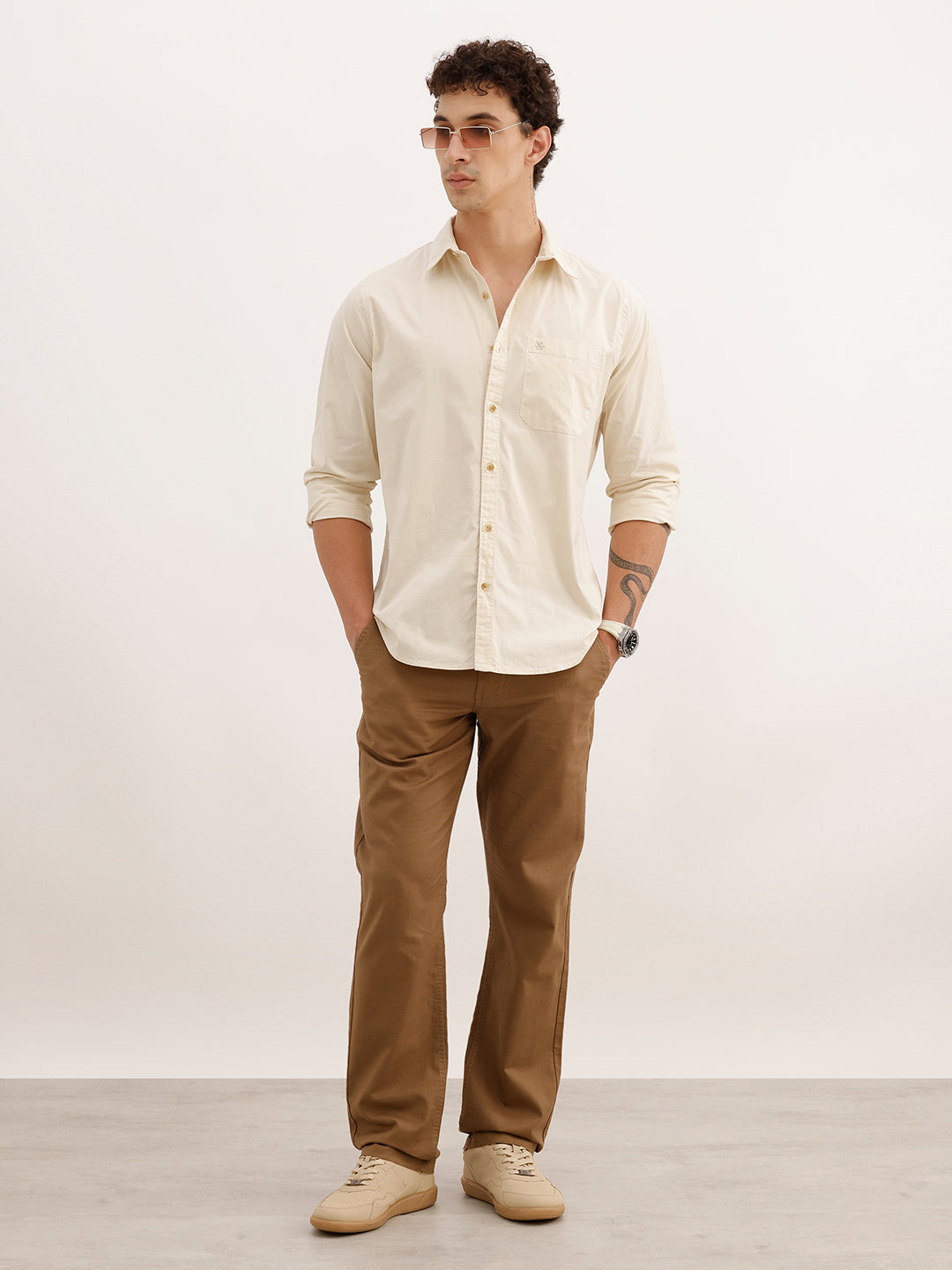Solid Regular Fit Full Sleeve Shirt | Beige