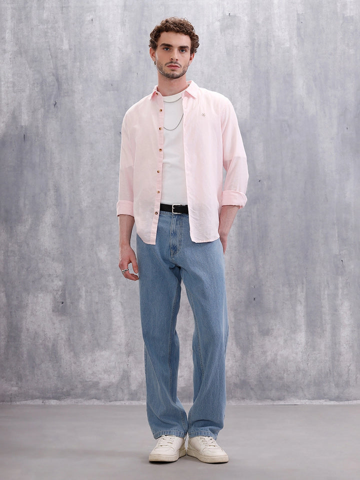 Solid Linen Blend Slim Fit Shirt | Pink