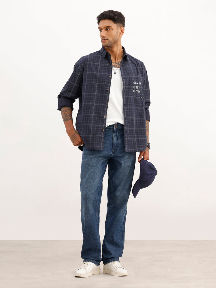 Oversized Placement Printed Checkered Shirt | White