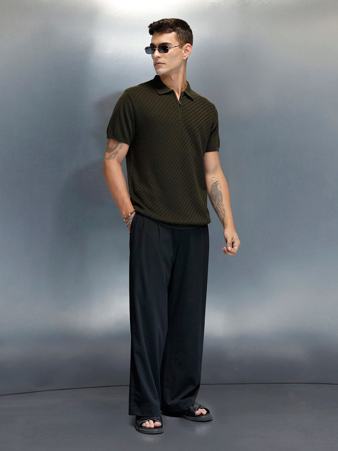 Textured Men's Casual Slim Fit Polo T-Shirt | Olive