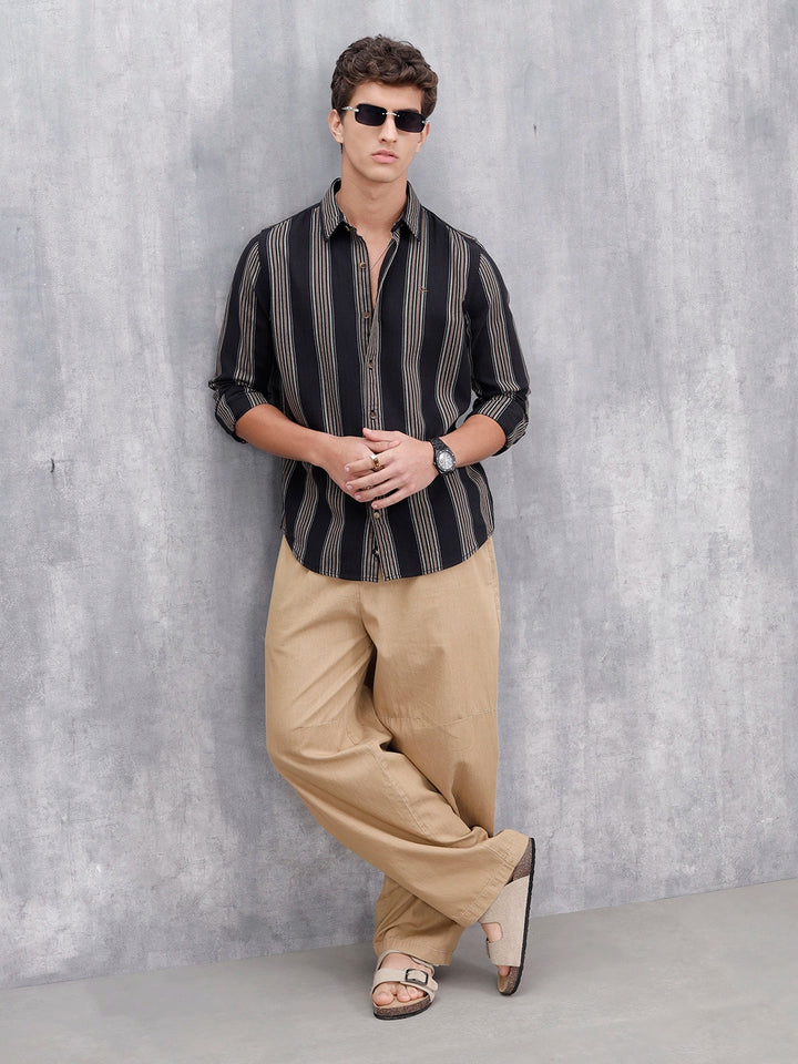 Striped Pattern Casual Shirt For Men |Black
