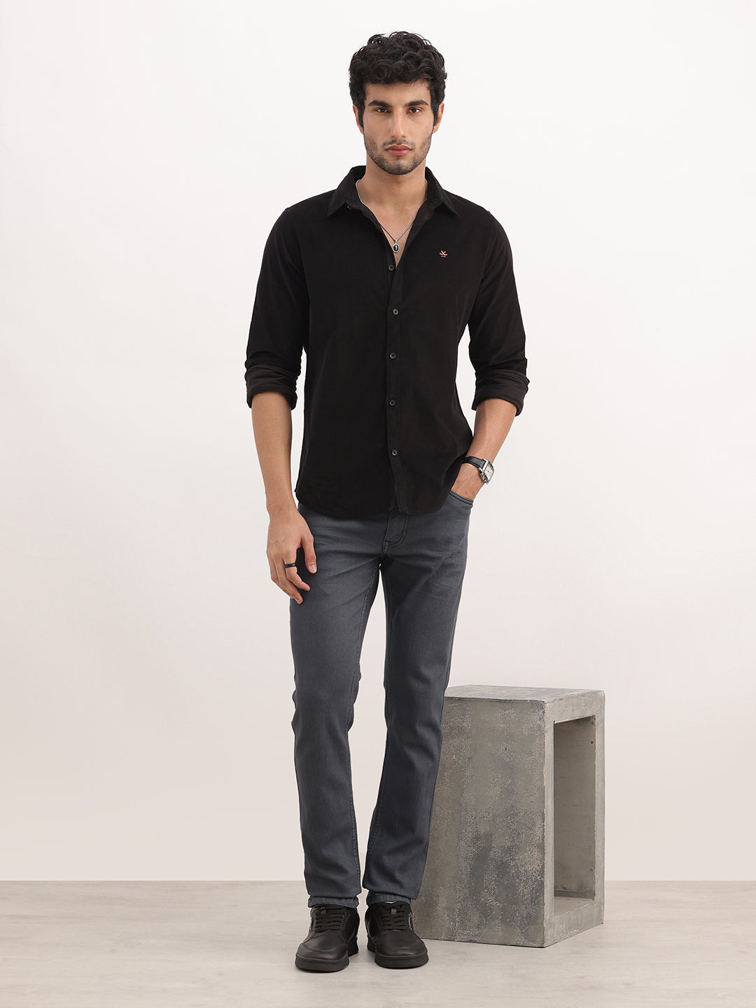 Slim Fit Solid Corduroy Shirt | Black