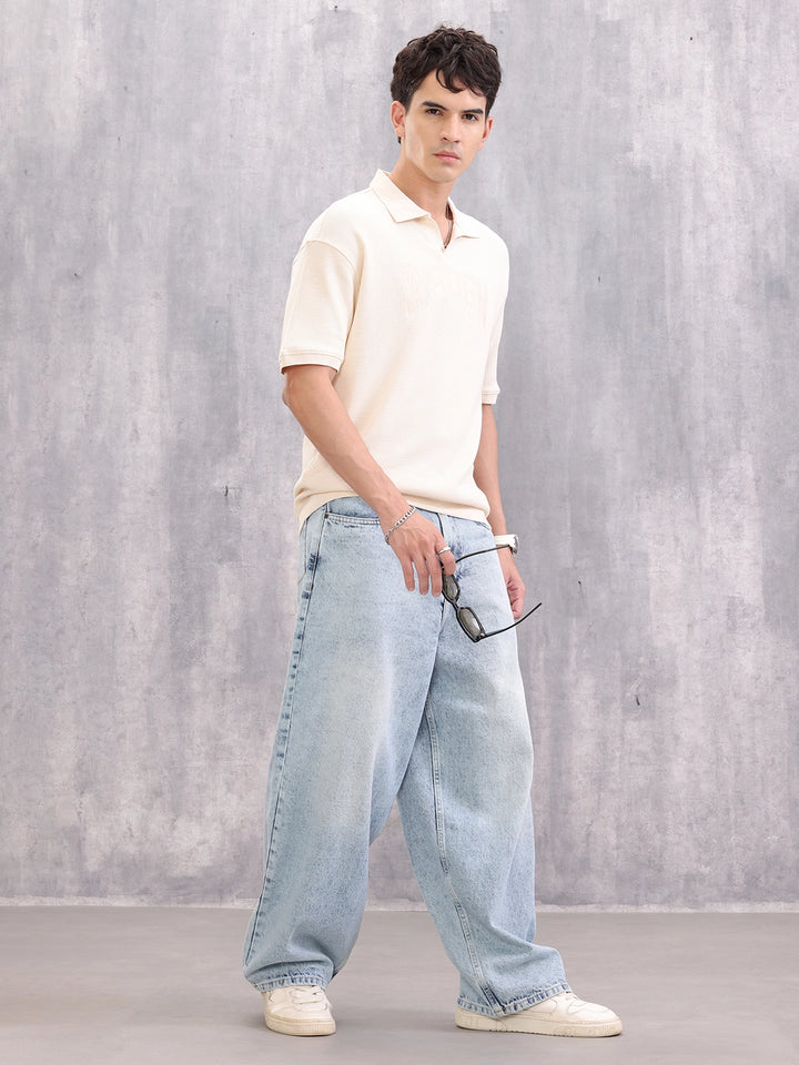 Textured Tonal Embroidered Oversized Fit Jhonny Collar T-Shirt | Beige