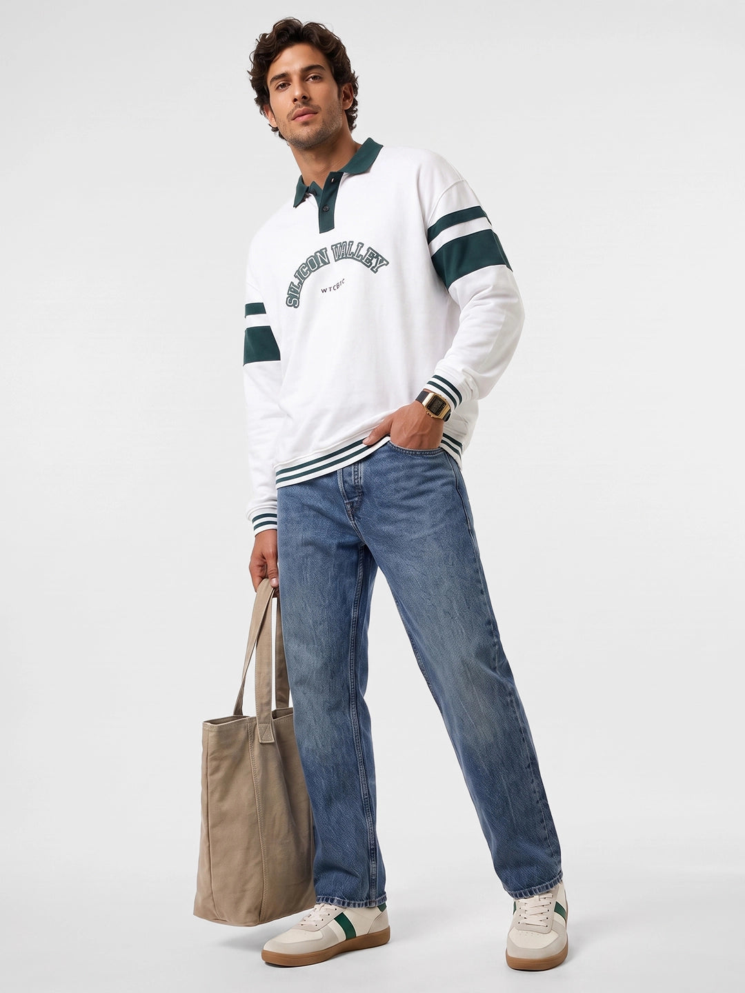 Full Sleeve Contrast Collar Polo T-Shirt | White
