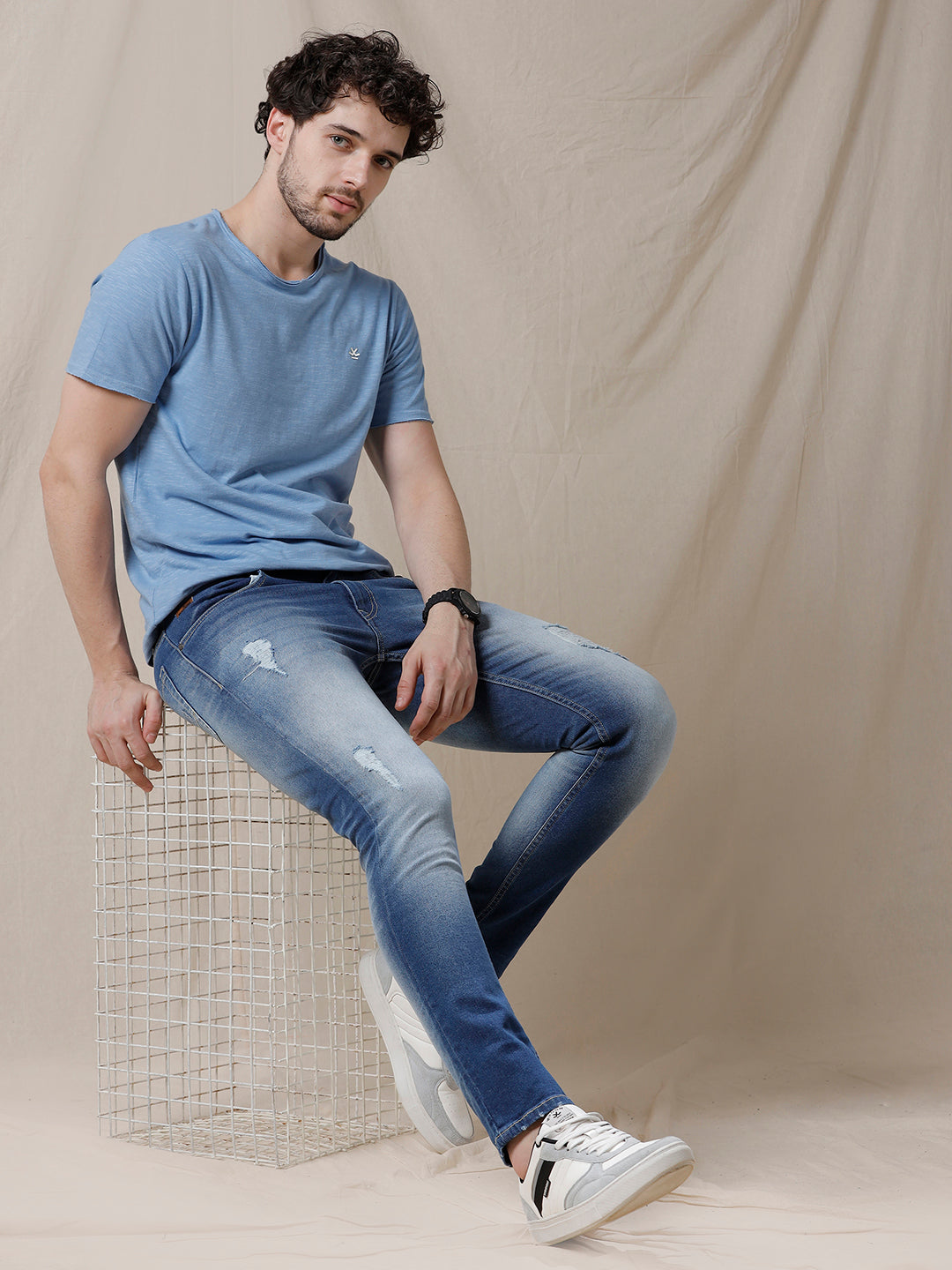 Acid Washed Tapered Fit Jeans
