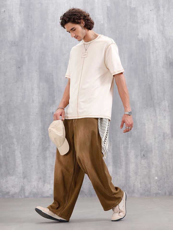 Raw Edge & Stitch Detail Oversized Fit T-Shirt | Beige