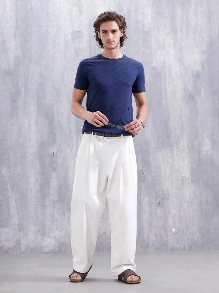 Geometric Jacquard Slim Fit Cotton Blend Shirt | Navy Blue