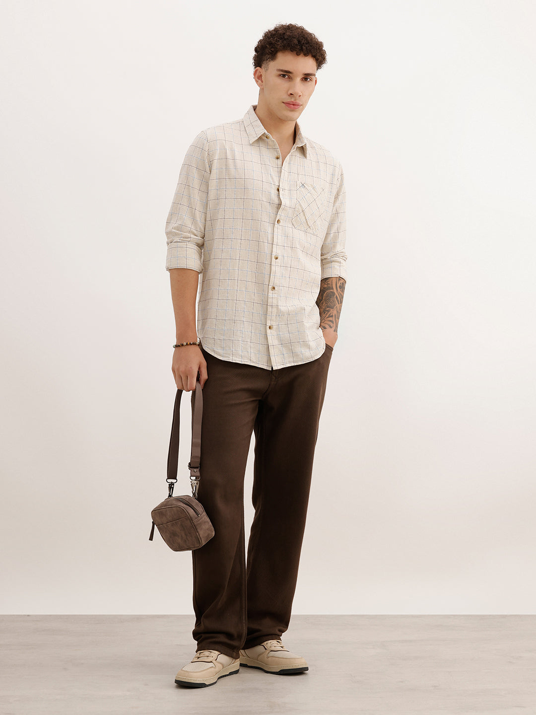 Regular Fit Full Sleeve Checkered Shirt | Beige | WWSH0729MAZ