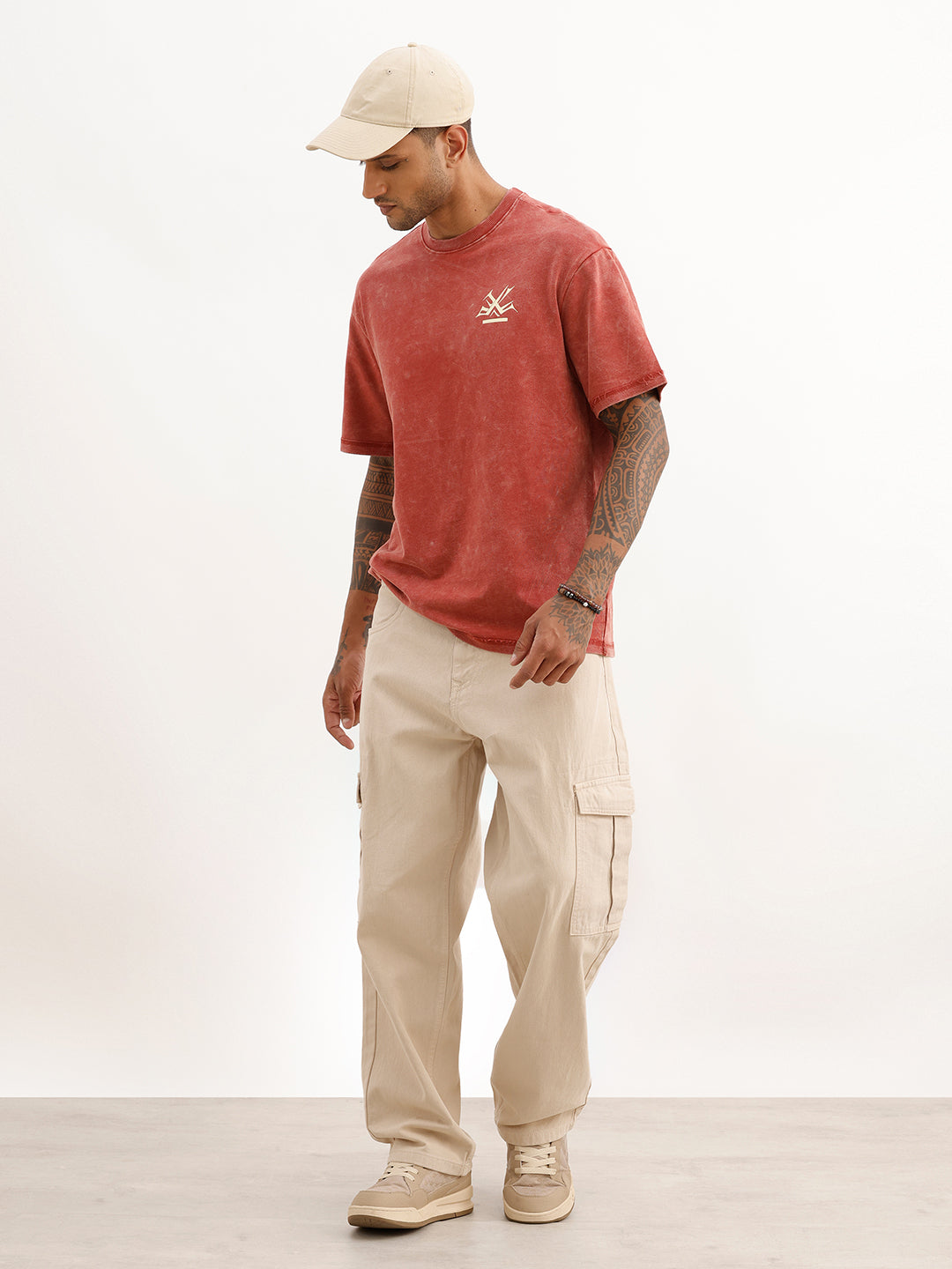 Oversized Washed Back Printed T-Shirt | Red