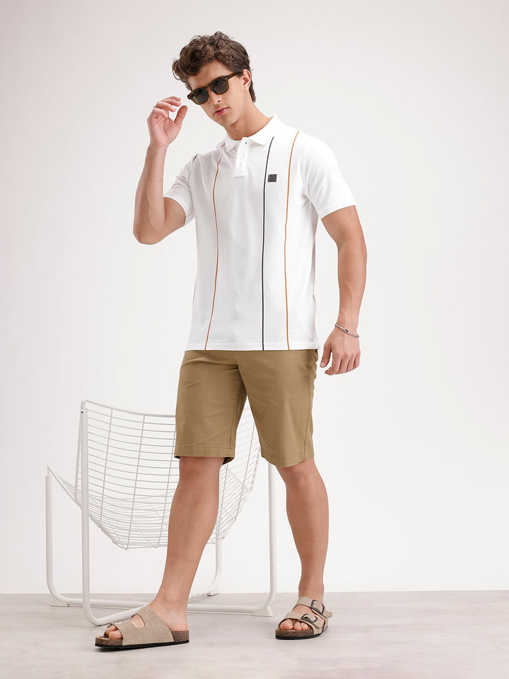 Siolid Slim Fit Pin Stripes Polo T-Shirt  | White