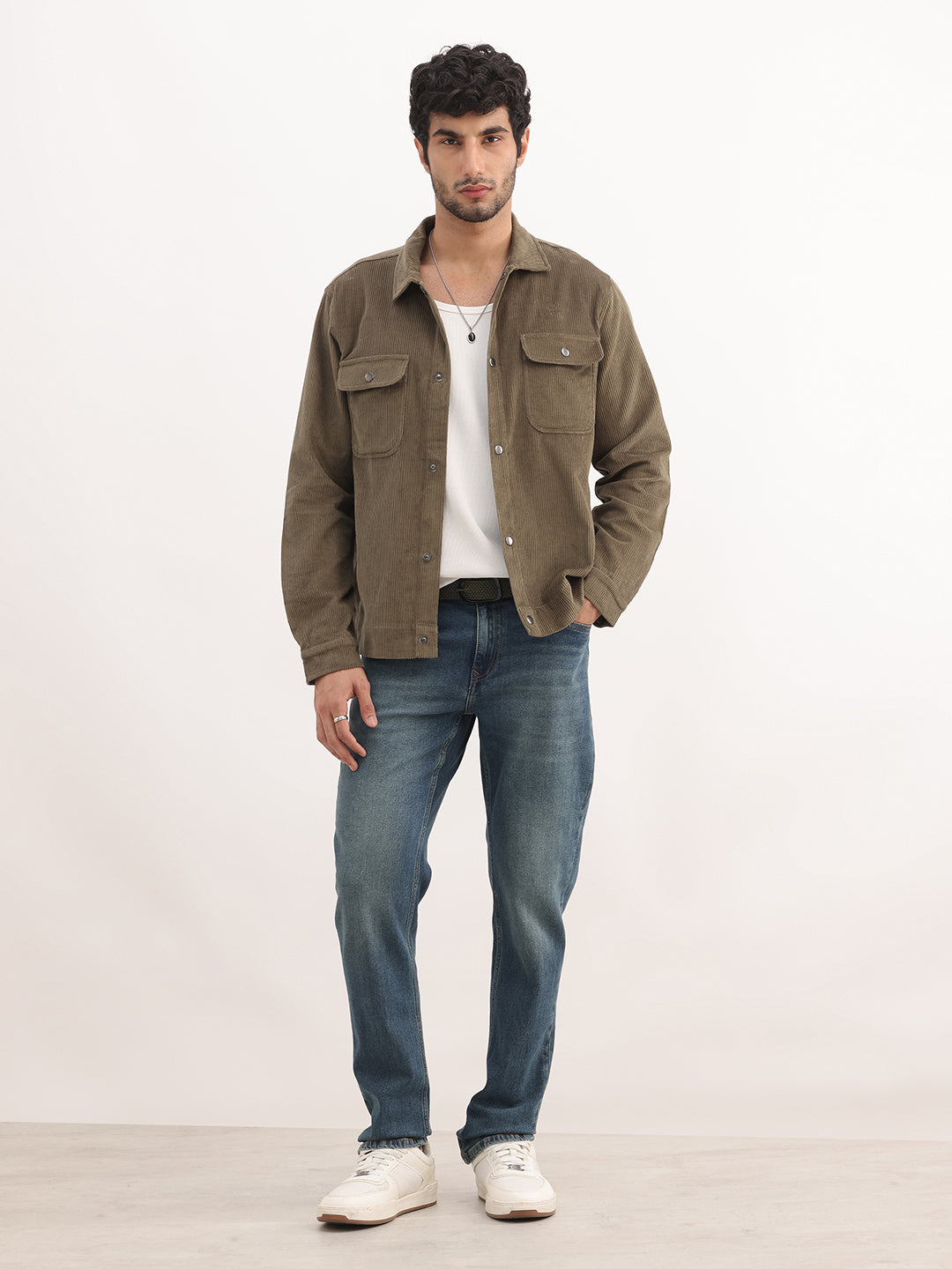 Solid Regular Fit Double Pocket Corduroy Jacket | Olive