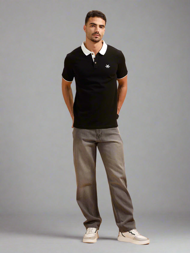 Contrast Collar Slim Fit Polo T-Shirt | Black