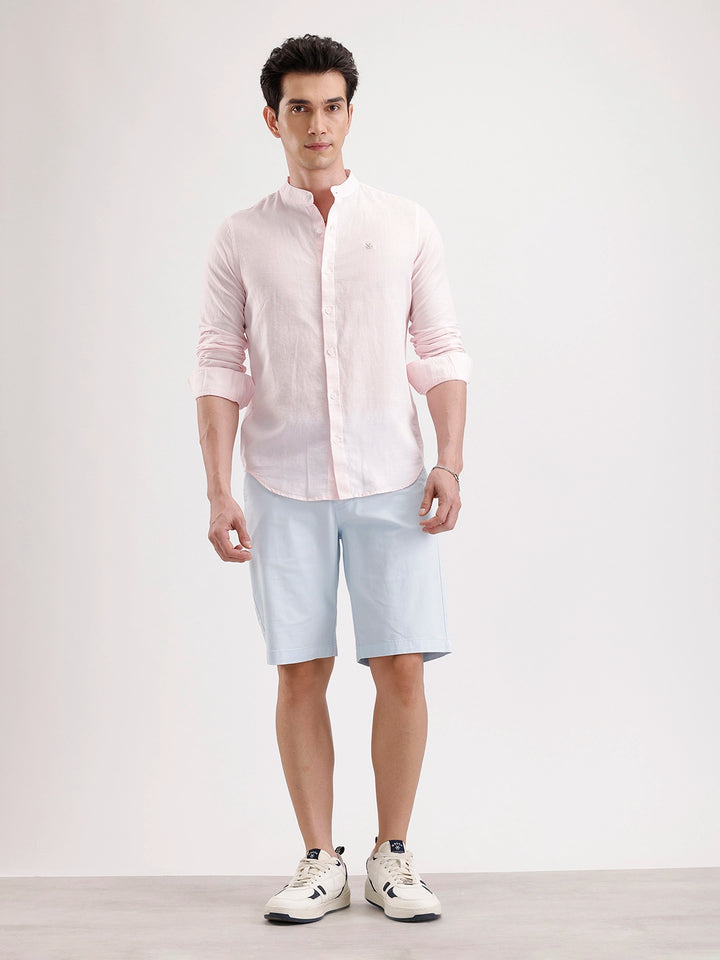 Slim Fit Mandrin Collar Linen Blend Shirt  | Pink
