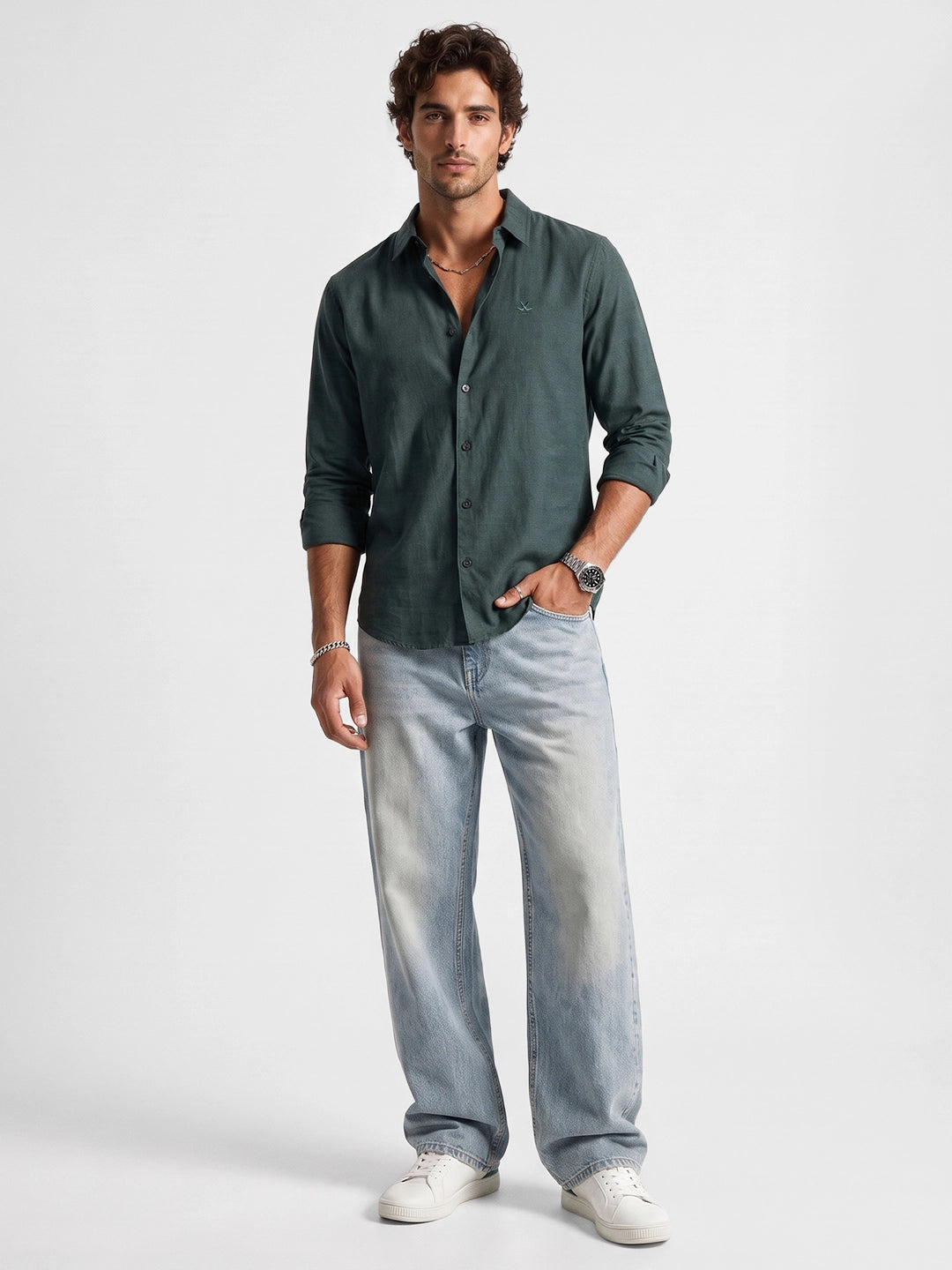 Solid Regular Fit Full Sleeve Shirt | Dark Green | WSH01FSSL0676M