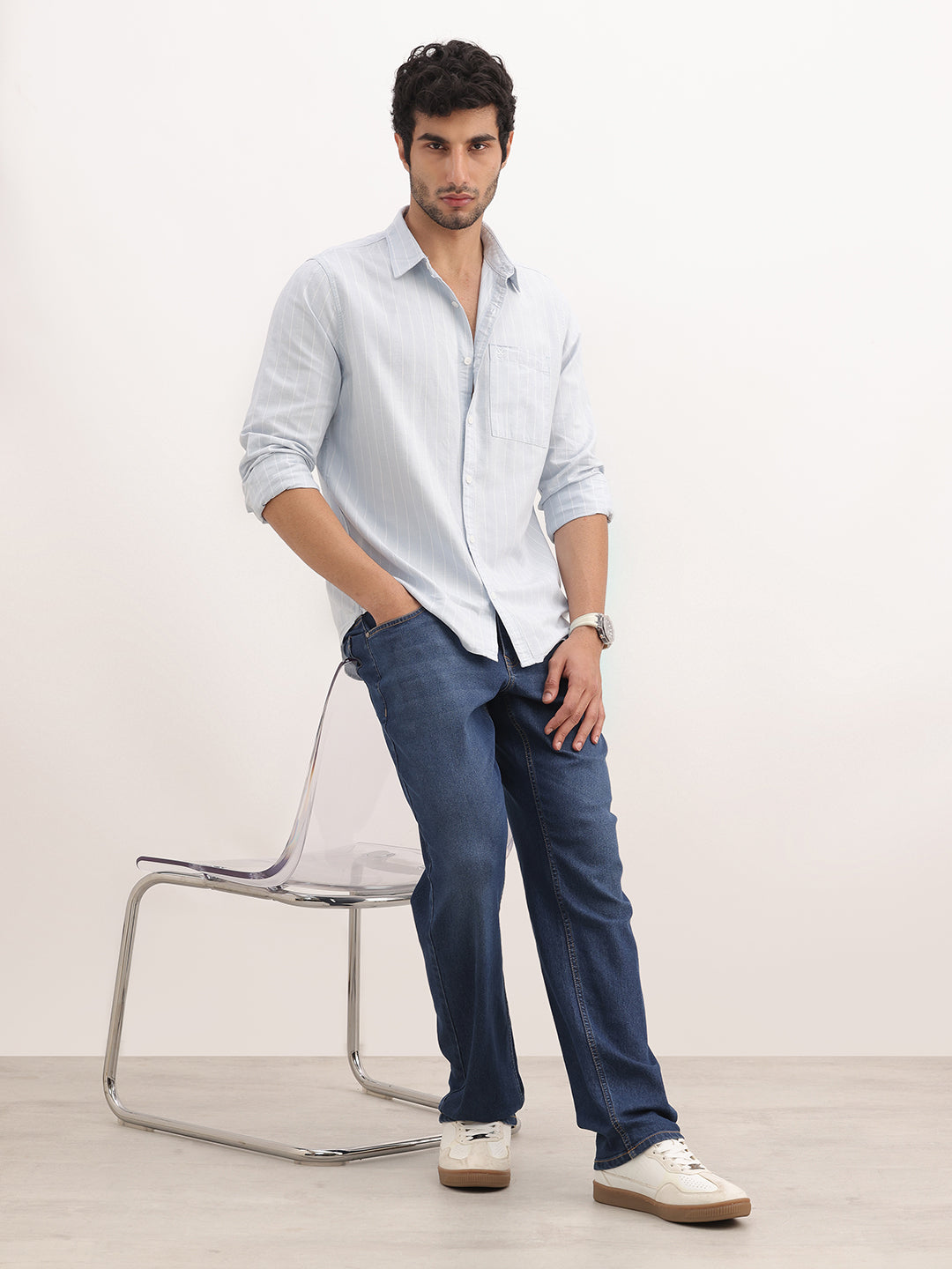 Slim Fit Striped Full Sleeve Shirt | Light Blue