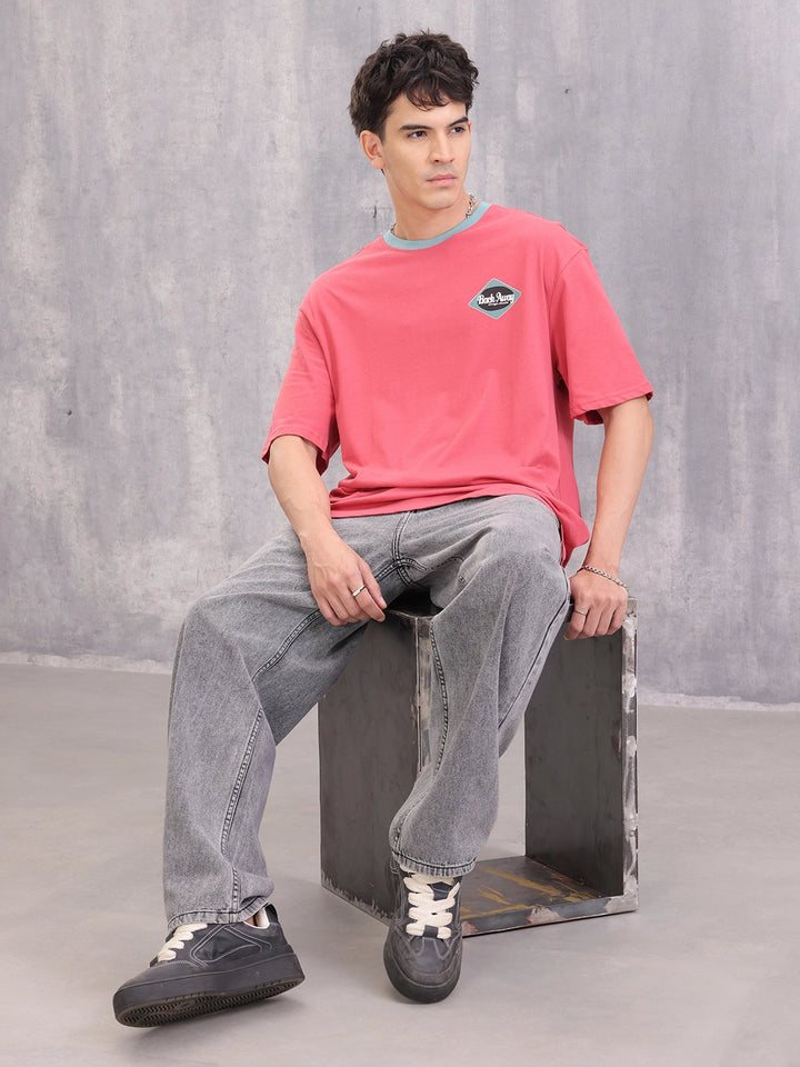 Contrast Neck Retro Graphic Printed Oversized Fit Tshirt | Red