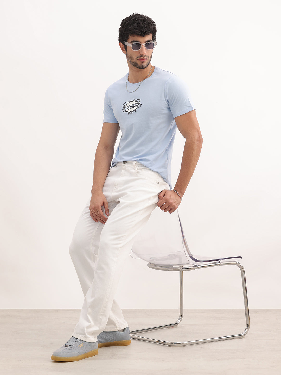 Classic Slim Fit Placement Printed T-Shirt | Light Blue
