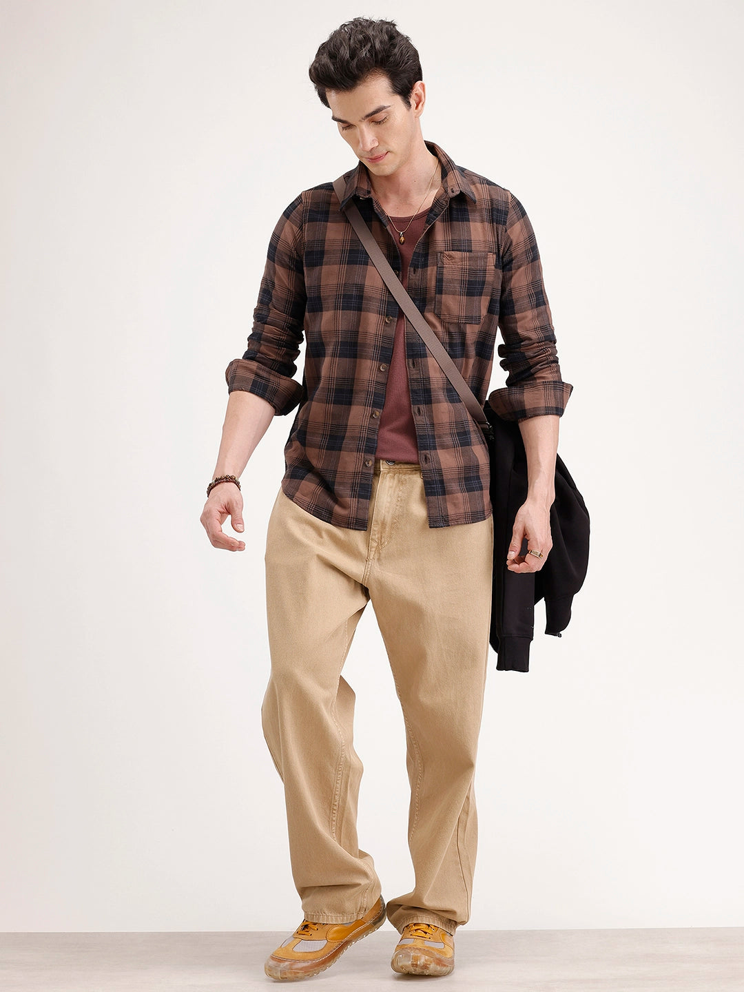 Slim Fit Checkered Shirt | Brown