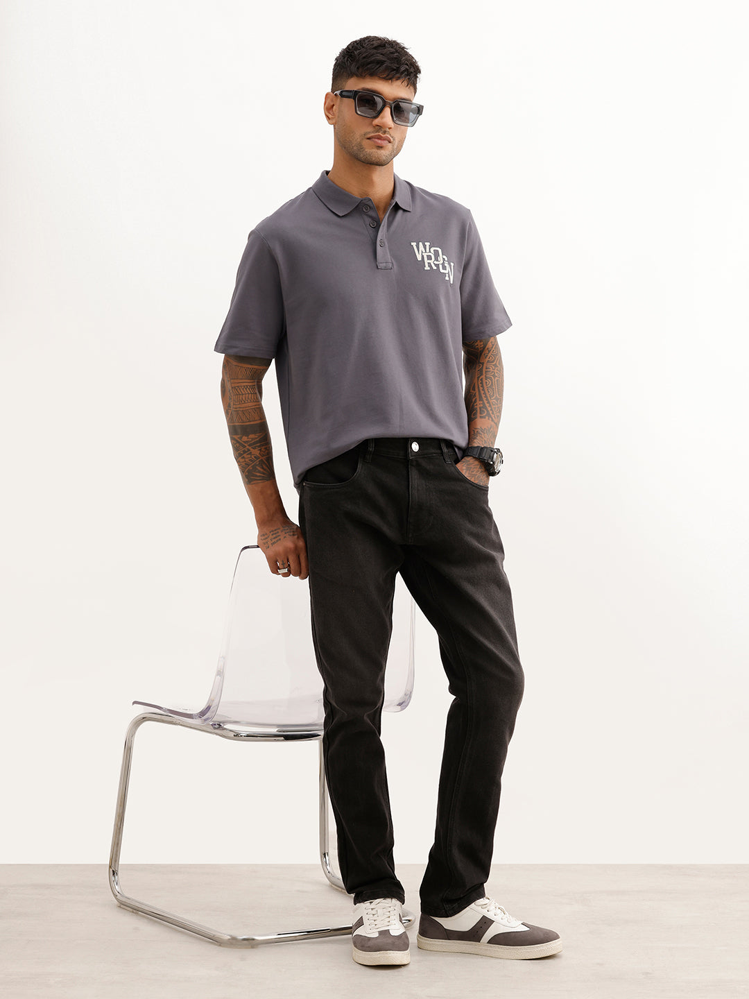 Comfort Fit Embroidery Patch Detail Polo T-Shirt | Grey