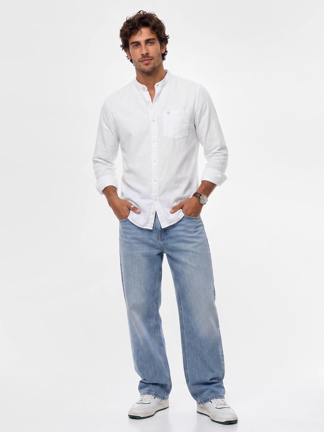 Solid Mandrin Collar Full Sleeve Shirt | Off White