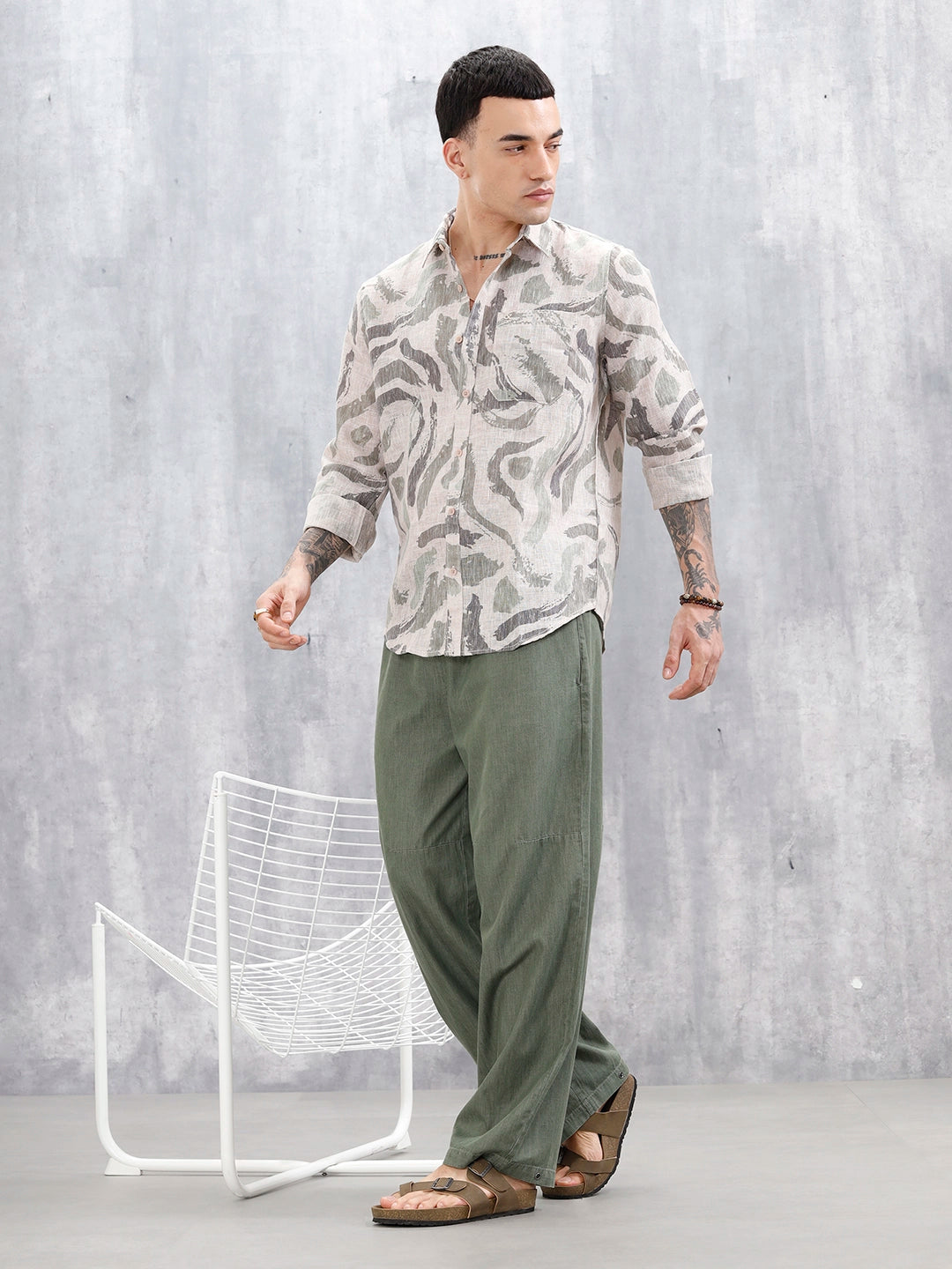 Wrogn Men's Printed Slim Fit Shirt  | Light Green