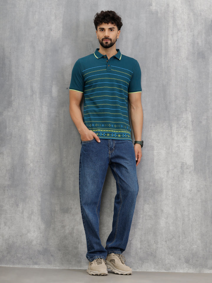 Embroidered Look Engineered Aop Polo T-Shirt  | Teal