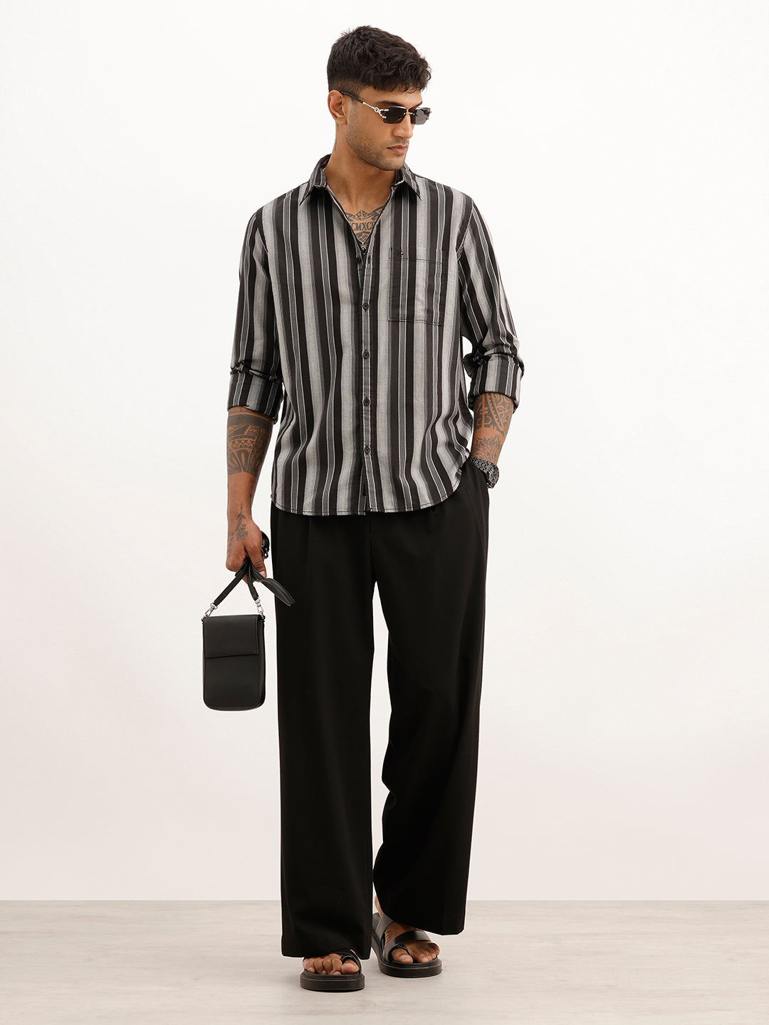 Slim Fit Striped Full Sleeve Shirt | Black