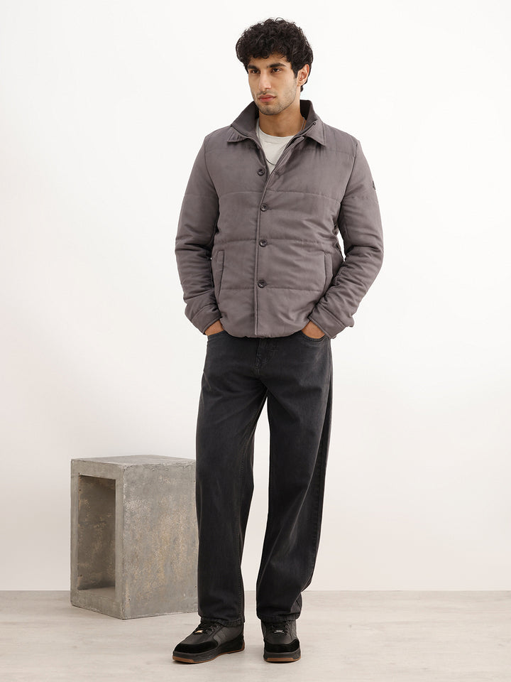 Solid Regular Fit Puffer Jacket | Grey