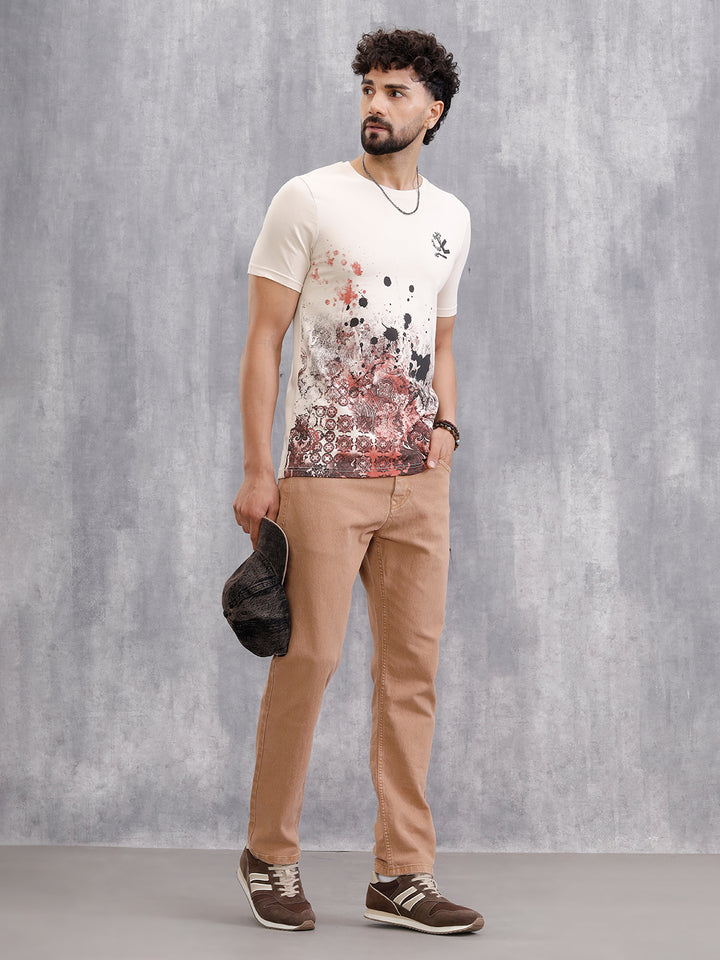 Tapestry Inspired Distressed Ombré Print T-Shirt | Beige